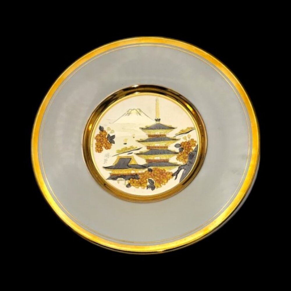 Vintage Art of Chokin Plate Elegant House with Gold Trim Japan Etched Gold